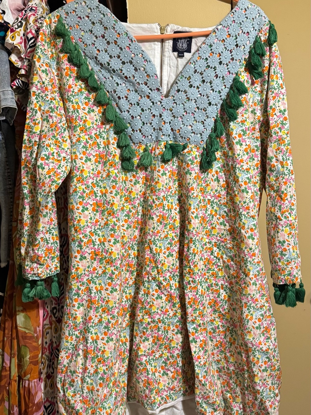 Floral Tassel V-Neck Tunic with Blue Crochet Yoke